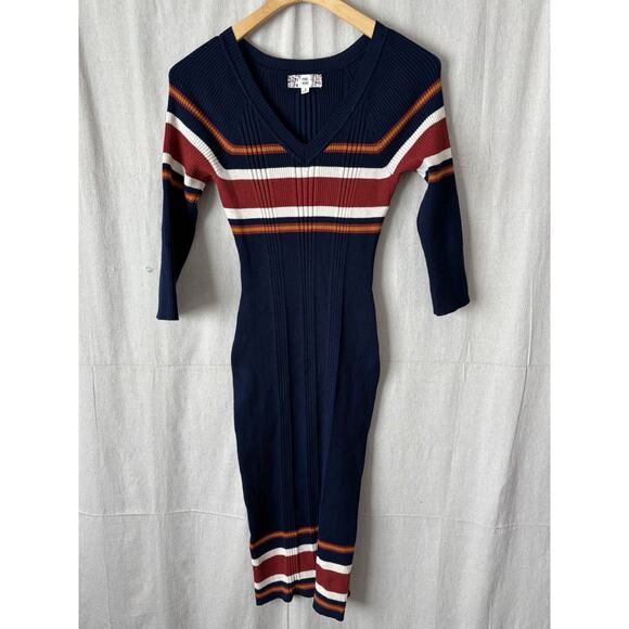 Pink Rose Preppy Sexy Striped Bodycon Ribbed Sweater Dress Size M Cozy Clubwear - Picture 1 of 7